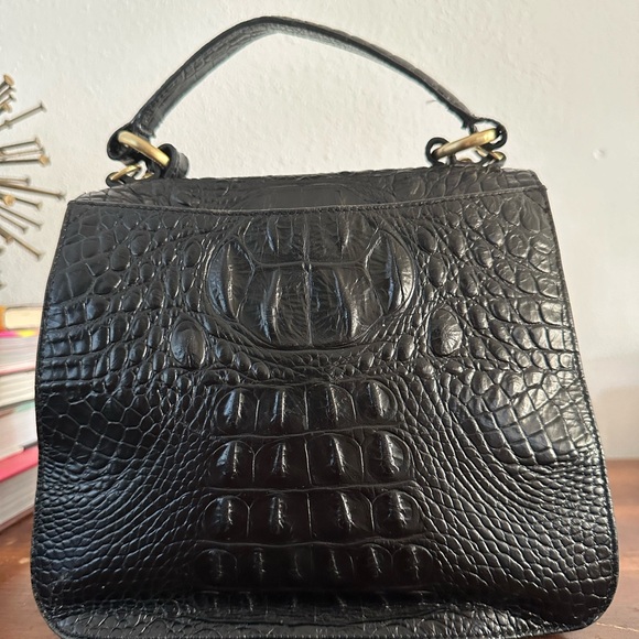 Brahmin Black Crocodile Embossed Genuine Leather purse with leather rose - Picture 2 of 5